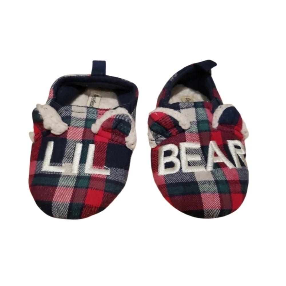 Dearfoams Lil Bear kid's plaid memory foam slippers